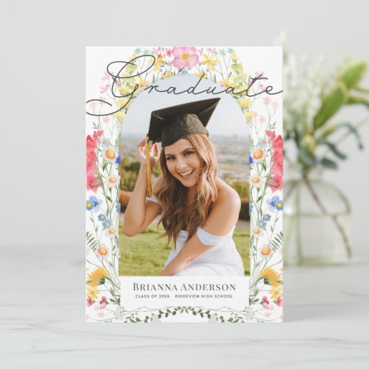 Waterverf Wildflower Arch Afstuderen Foto Kaart (Staand voorkant)