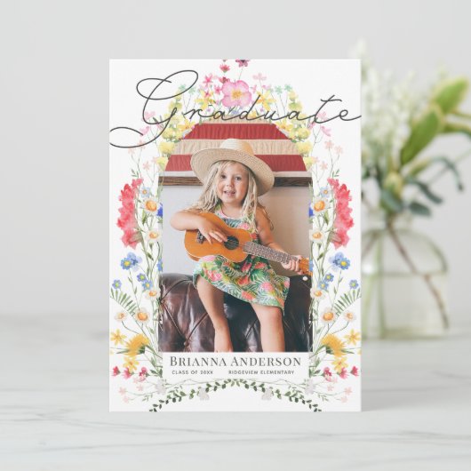 Waterverf Wildflower Arch Foto Meisje Afstuderen Kaart (Staand voorkant)