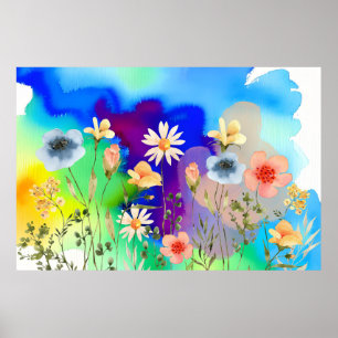 Waterverf Wildflower Art Print Kleurrijke Bloemen