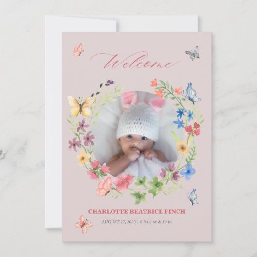 Waterverf Wildflower Baby Girl Foto geboorte Aankondiging (Voorkant)