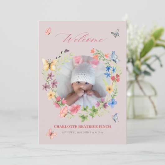 Waterverf Wildflower Baby Girl Foto geboorte Aankondiging (Staand voorkant)