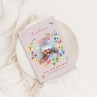 Waterverf Wildflower Baby Girl Foto geboorte Aankondiging