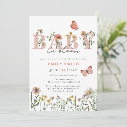 Waterverf Wildflower Baby in Bloom Baby shower Kaart (Staand voorkant)