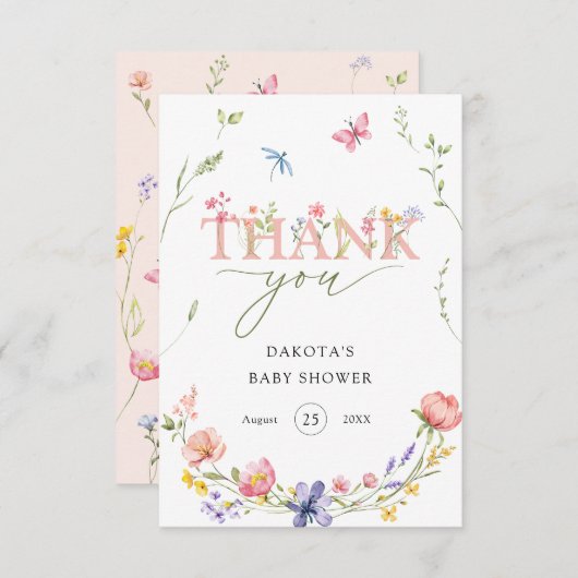 Waterverf Wildflower Baby in Bloom Welkom Bedankkaart (Voorkant / Achterkant)