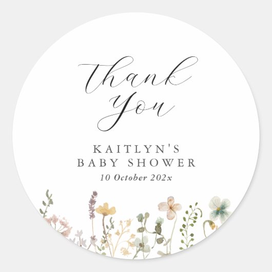 Waterverf Wildflower Baby shower Dank u Ronde Sticker (Voorkant)