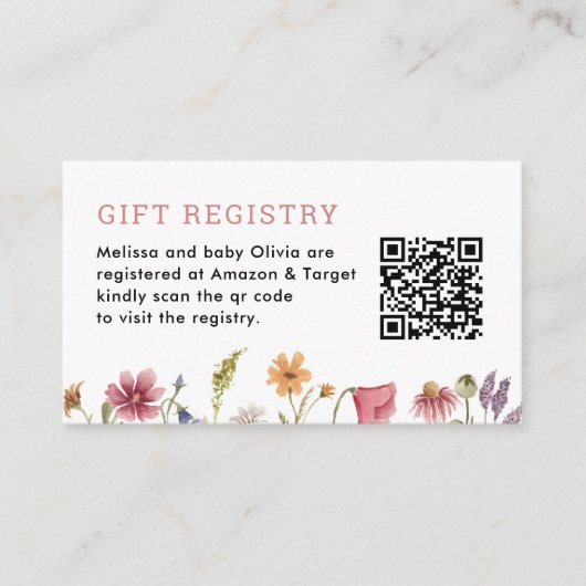 Waterverf Wildflower Baby shower QR Registry Informatiekaartje (Voorkant)