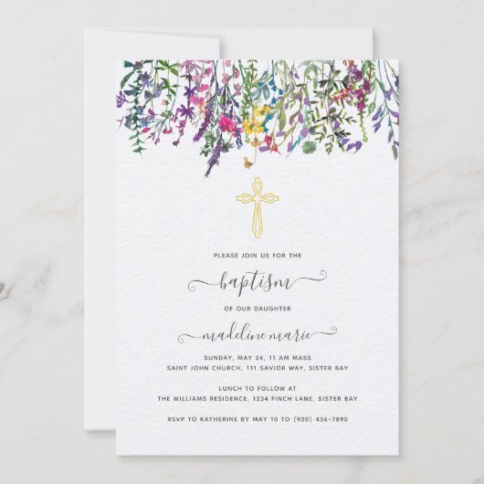 Waterverf Wildflower Baptism Invitation Kaart (Voorkant)