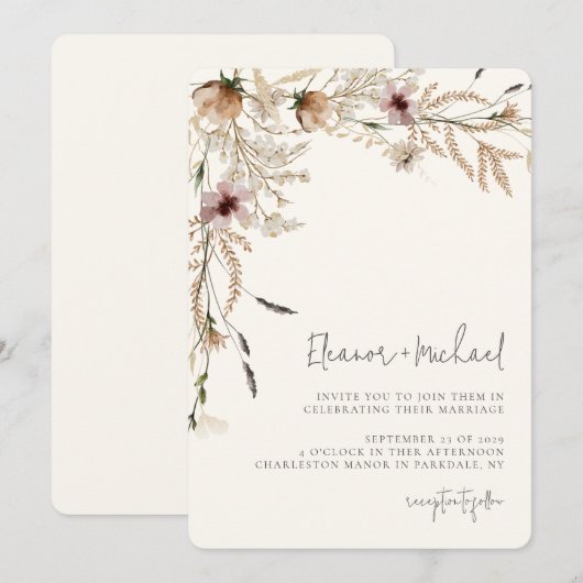 Waterverf Wildflower Beige bruiloft uitnodiging (Voorkant / Achterkant)