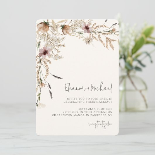 Waterverf Wildflower Beige bruiloft uitnodiging (Staand voorkant)