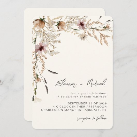 Waterverf Wildflower Beige bruiloft uitnodiging (Voorkant / Achterkant)