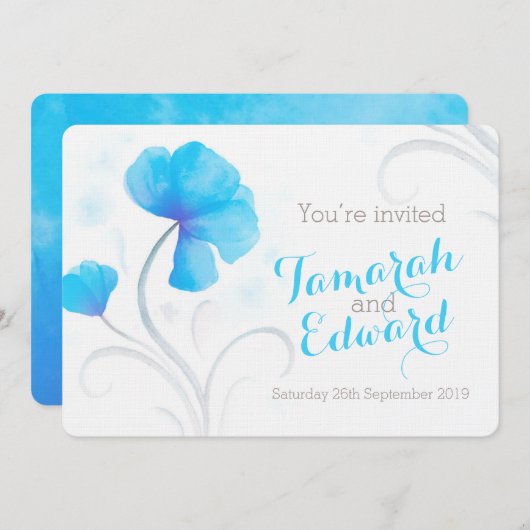 Waterverf wildflower blauw grijs bruiloft uitnodig kaart (Voorkant / Achterkant)