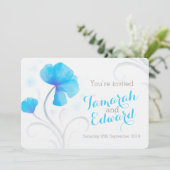 Waterverf wildflower blauw grijs bruiloft uitnodig kaart (Staand voorkant)