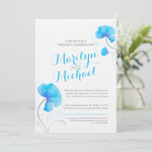 Waterverf wildflower blauw grijs wit bruiloft kaart (Staand voorkant)