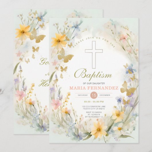 Waterverf Wildflower Bloemdoop uitnodiging (Voorkant / Achterkant)