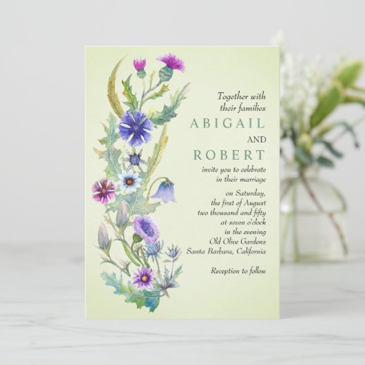 Waterverf Wildflower Bloemen bord Groen Bruiloft Kaart (Staand voorkant)