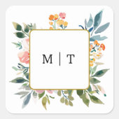 Waterverf Wildflower Bloemen Huwelijk Monogram Vierkante Sticker (Voorkant)
