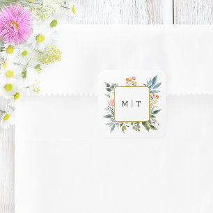 Waterverf Wildflower Bloemen Huwelijk Monogram Vierkante Sticker