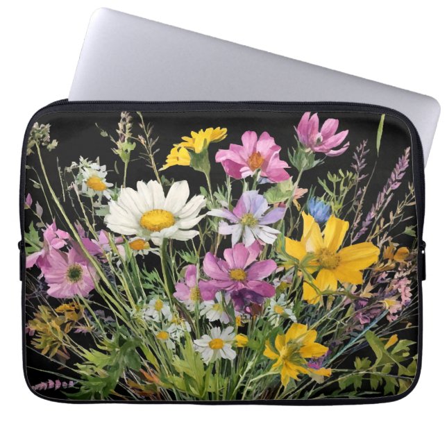 waterverf wildflower boeket op zwarte achtergrond laptop sleeve (Voorkant)