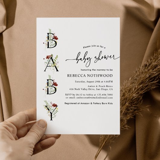 Waterverf Wildflower Boho Baby shower Uitnodiging