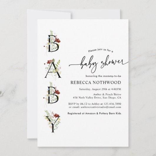 Waterverf Wildflower Boho Baby shower Uitnodiging (Voorkant)