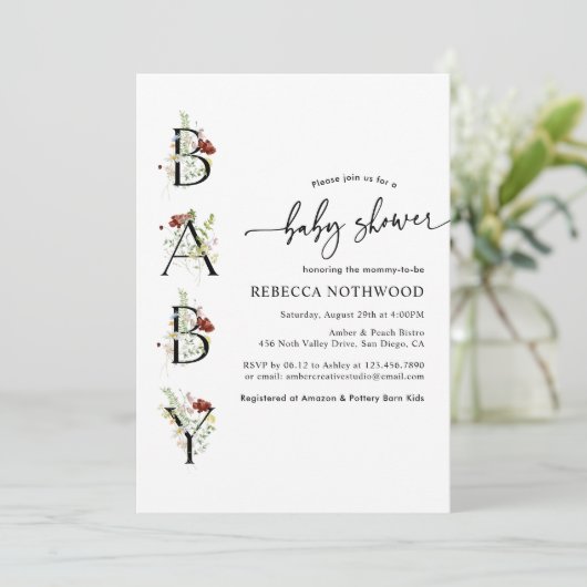 Waterverf Wildflower Boho Baby shower Uitnodiging (Staand voorkant)