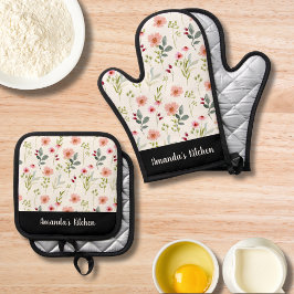 Waterverf Wildflower Boho Stijlvol gepersonaliseer Ovenwant & Pannenlap Set