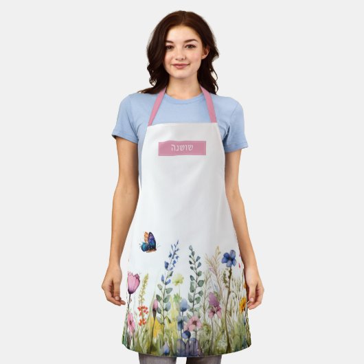  Waterverf Wildflower Border Hebreeuws Roze Schort (Gedragen)