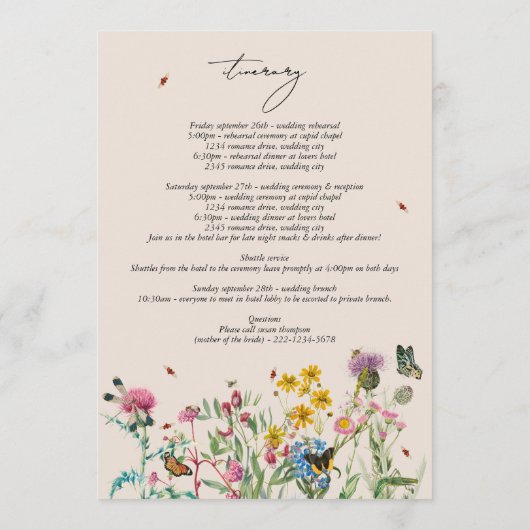 Waterverf Wildflower bruiloft reisschema programma Programmakaart (Achterkant)