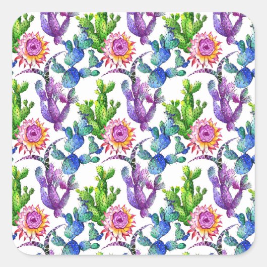 Waterverf Wildflower Cactus Patroon Vierkante Sticker (Voorkant)