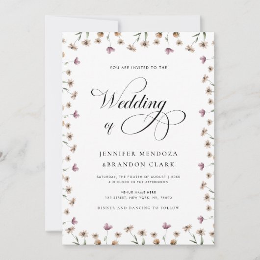 Waterverf Wildflower Classic Calligraphy Wedding Kaart (Voorkant)