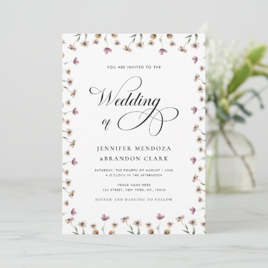 Waterverf Wildflower Classic Calligraphy Wedding Kaart (Staand voorkant)