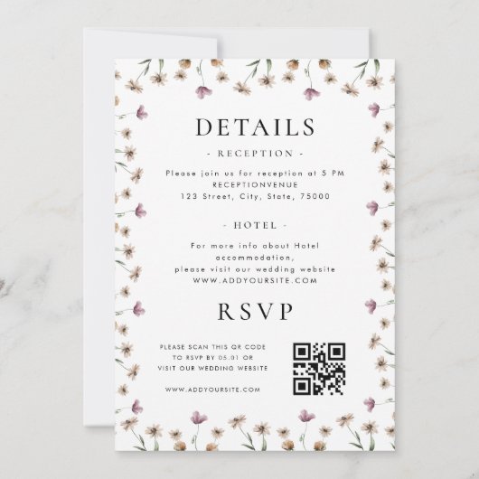 Waterverf Wildflower Classic Calligraphy Wedding Kaart (Achterkant)