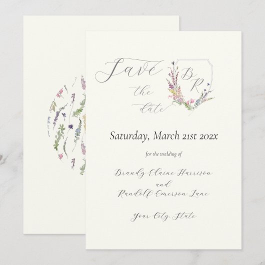 Waterverf Wildflower Crest Save The Date (Voorkant / Achterkant)