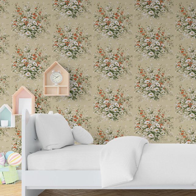  Waterverf Wildflower Daisy Bouquet Beige Behang (Creator heeft geüpload)