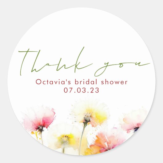 Waterverf Wildflower Elegant Leuk Dank u Ronde Sticker (Voorkant)