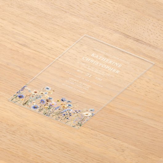 Waterverf Wildflower Elegante Dusty Blue Wedding Acryl Uitnodigingen (Laagn)