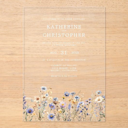 Waterverf Wildflower Elegante Dusty Blue Wedding Acryl Uitnodigingen (Voorkant)