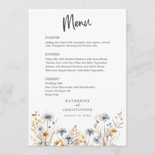 Waterverf Wildflower Elegante Dusty Blue Wedding Menu (Voorkant)
