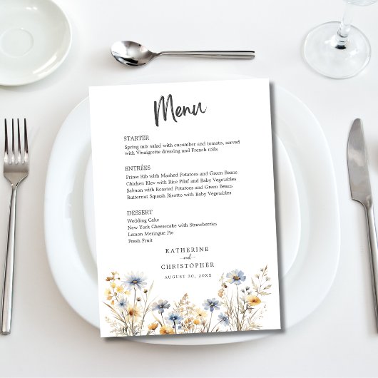 Waterverf Wildflower Elegante Dusty Blue Wedding Menu