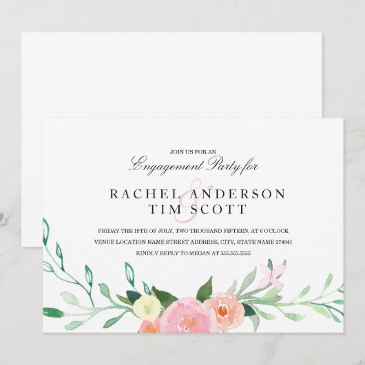 Waterverf Wildflower Engagement Party Uitnodigen Kaart (Voorkant / Achterkant)