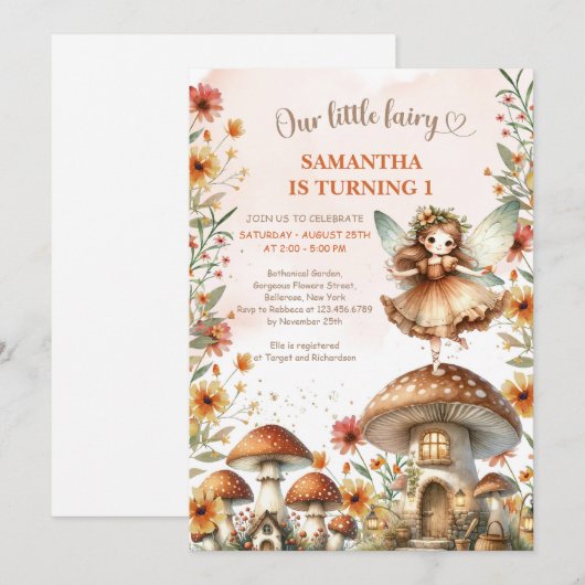 Waterverf Wildflower Fairy paddenstoel 1e Verjaard Kaart (Voorkant / Achterkant)
