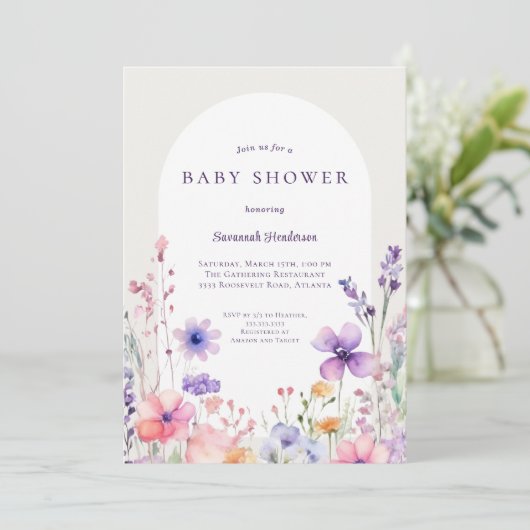 Waterverf Wildflower Floral Baby shower Kaart (Staand voorkant)