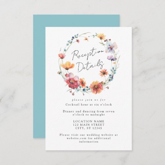 Waterverf Wildflower Floral krans bruiloft Informatiekaartje (Voorkant / Achterkant)