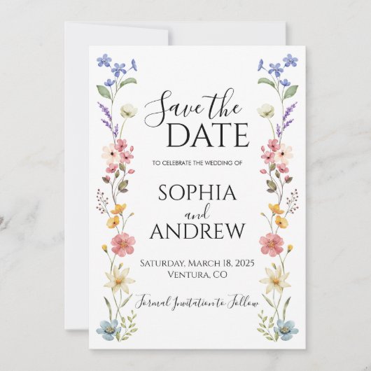 Waterverf Wildflower Floral Save the Date Kaart (Voorkant)