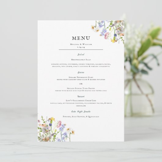 Waterverf Wildflower | Floral Wedding Menu Kaart (Staand voorkant)
