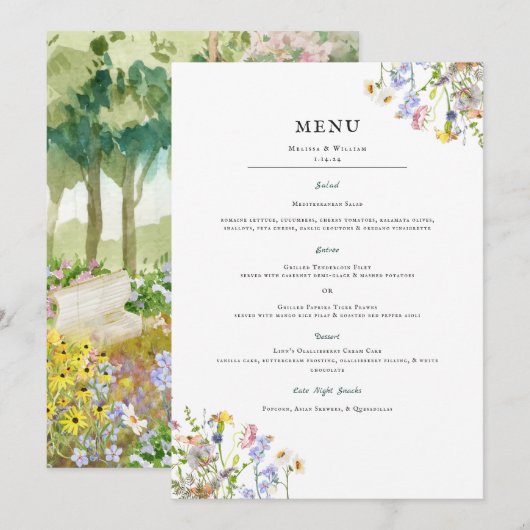 Waterverf Wildflower | Floral Wedding Menu Kaart (Voorkant / Achterkant)