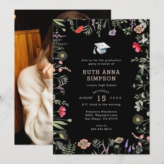 Waterverf Wildflower Foto Afstuderen Uitnodiging (Voorkant / Achterkant)