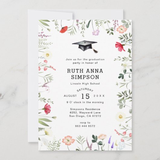 Waterverf Wildflower Foto Afstuderen Uitnodiging (Voorkant)