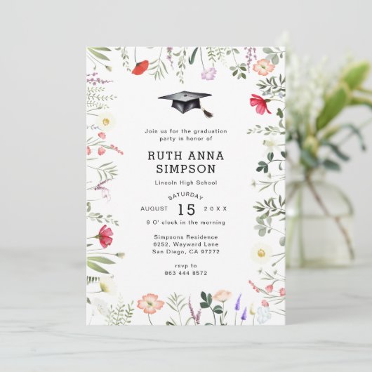 Waterverf Wildflower Foto Afstuderen Uitnodiging (Staand voorkant)