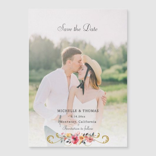 Waterverf Wildflower Foto De datum opslaan Magnetische Uitnodiging (Voorkant)